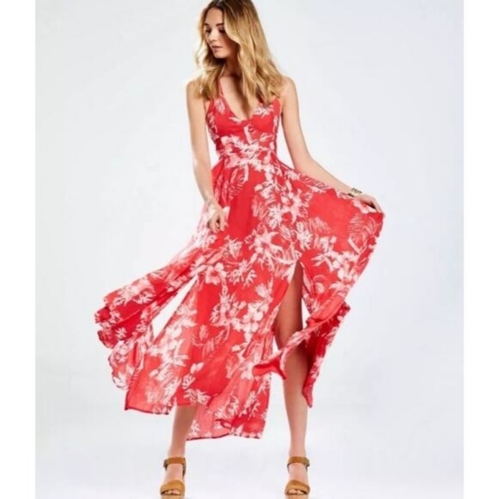 Free People Lille Tropical Printed Cutouts Rasberry Tie Maxi Dress Small $128 XS - Picture 3 of 14
